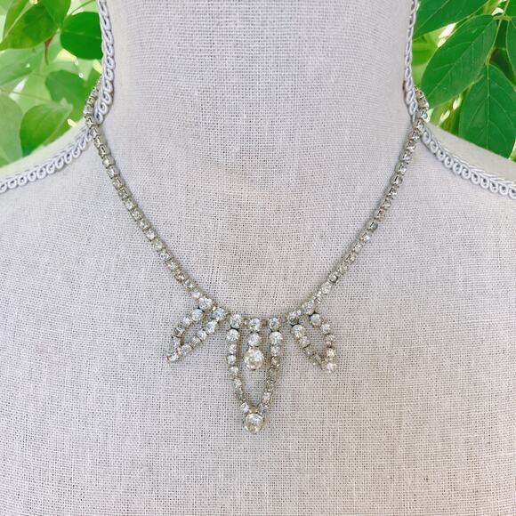 VTG Signed Carol Deb 1950s Cocktail Rhinestone Bib Necklace Silver Tone Elegant - Picture 2 of 15